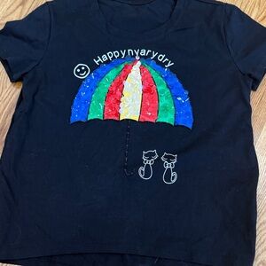 Black Short Sleeve Tee with Colorful Umbrella Design